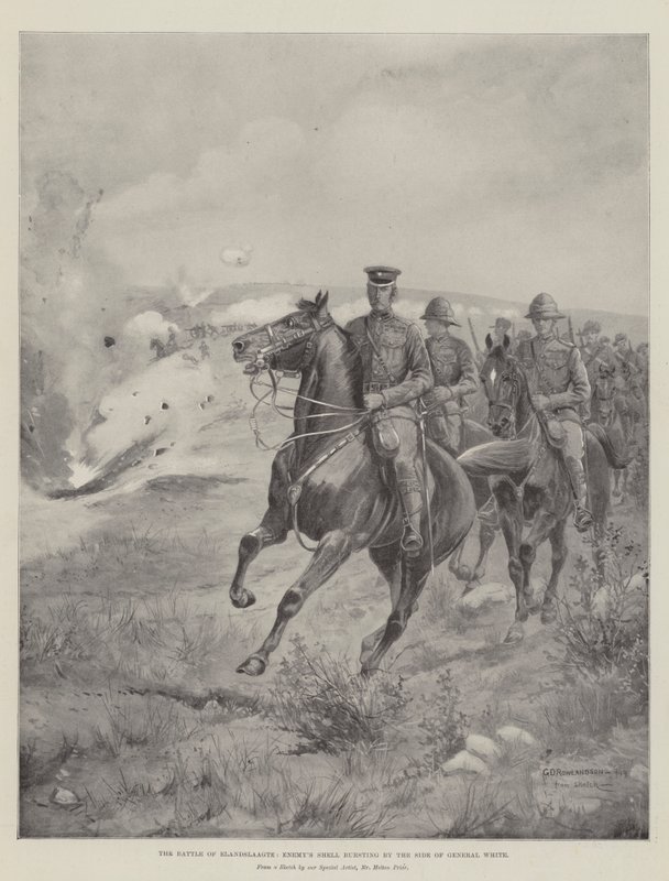 Slaget vid Elandslaagte, fiendens skal sprängs vid sidan av General White av George Derville Rowlandson