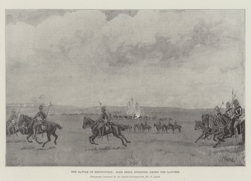 Slaget vid Rietfontein, boergranater som sprängdes bland lansiärerna av George Derville Rowlandson