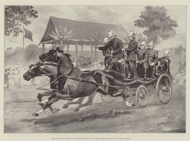Hertigen och hertiginnan av York granskar London Fire Brigade på Clapham Common av George Derville Rowlandson