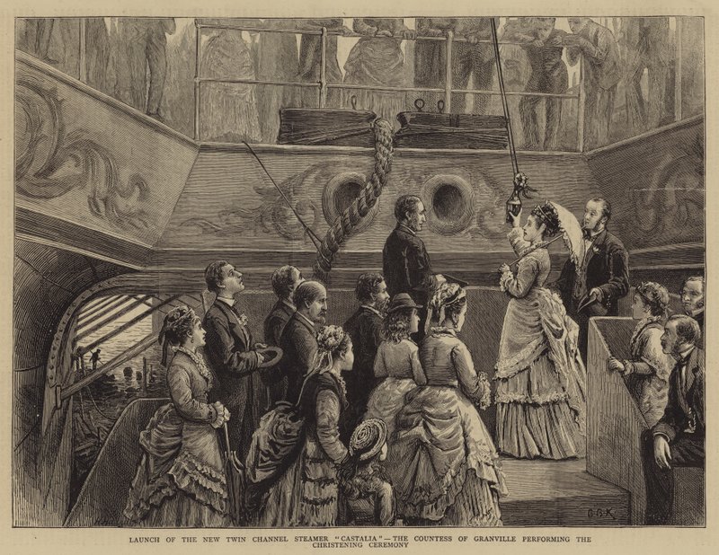 Lansering av den nya Twin Channel Steamer Castalia, grevinnan av Granville som utför dopceremonin av George Goodwin Kilburne