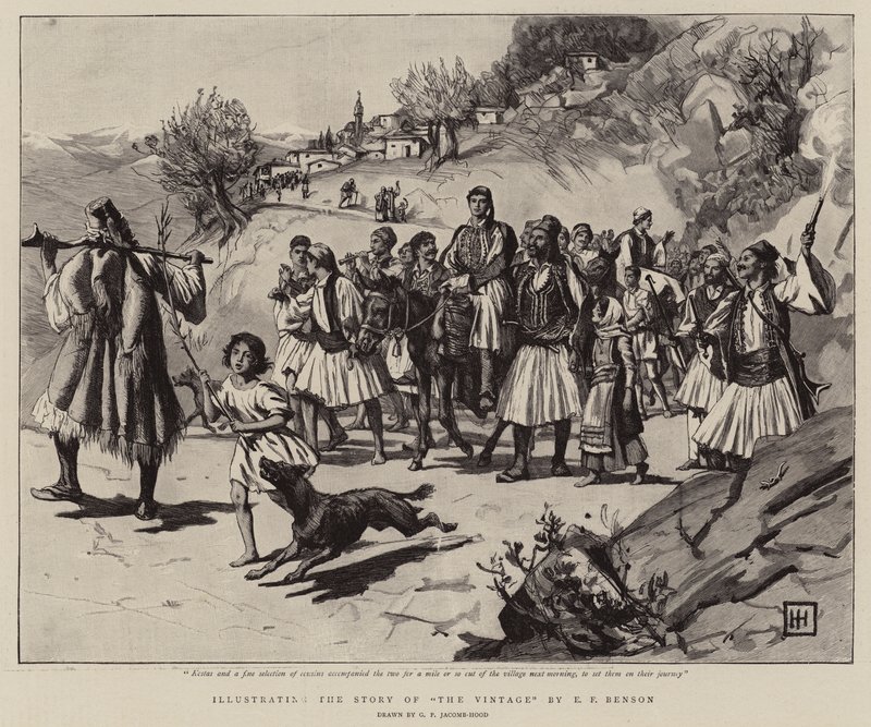 Illustrerande berättelsen om vintage av E F Benson gravyr av George Percy Jacomb Hood
