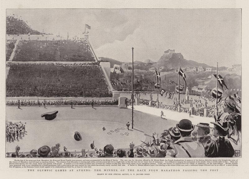 Olympiska spelen i Aten, vinnaren av loppet från Marathon som passerar posten av George Percy Jacomb Hood