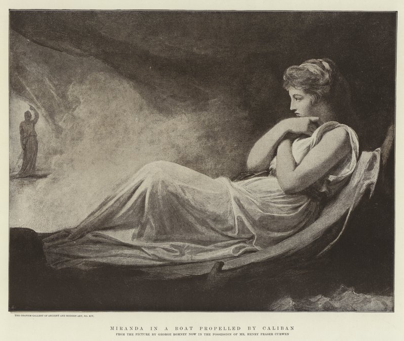 Miranda i en båt som drivs av Caliban av George Romney