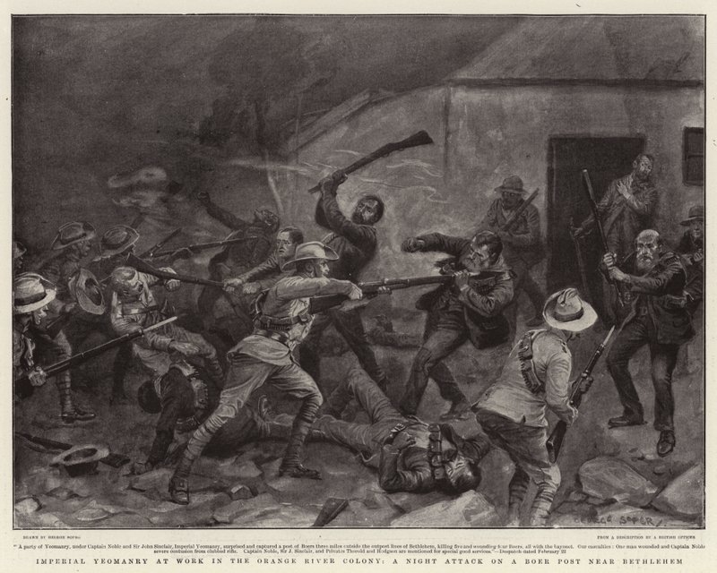 Imperial Yeomanry at Work in the Orange River Colony, en nattattack på en boerpost nära Betlehem av George Soper