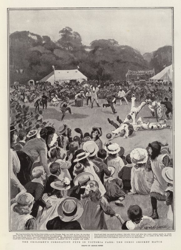 Barnens kröningsfest i Victoria Park, den komiska cricketmatchen. av George Soper