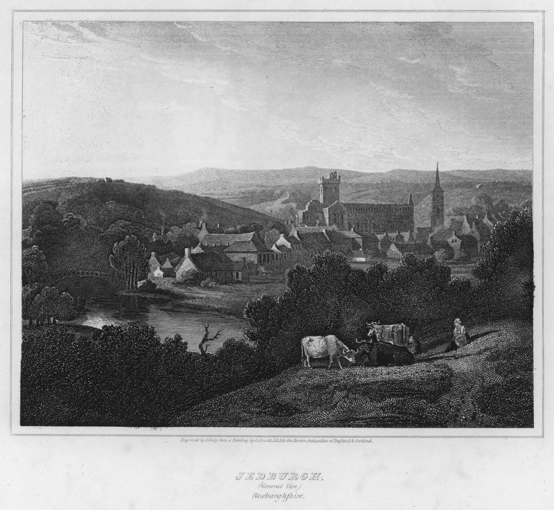 Jedburgh, allmän utsikt, Roxburghshire (gravyr) av George (after) Arnald