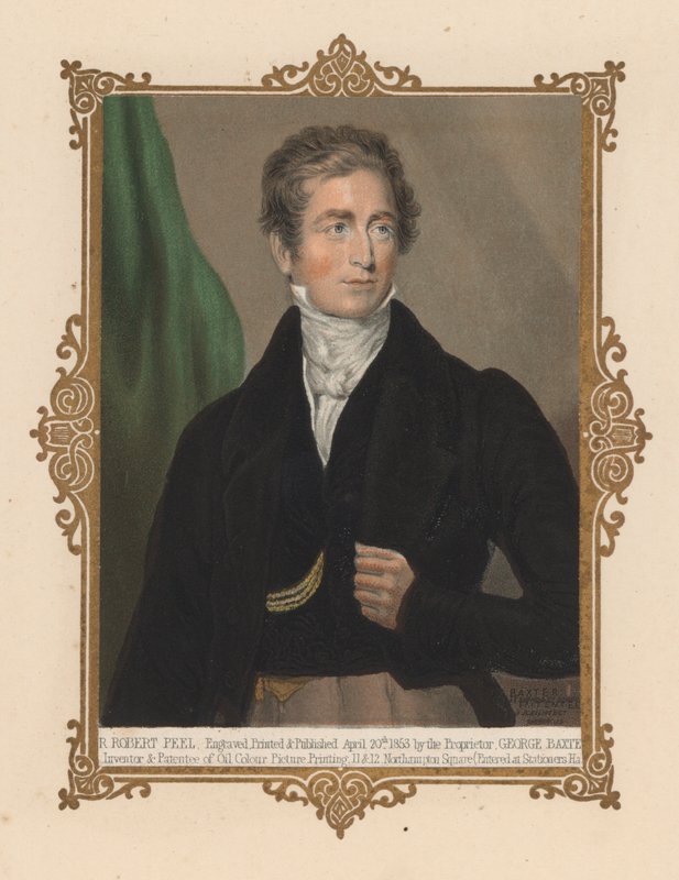 Sir Robert Peel, brittisk politiker och två gånger premiärminister (färg litho) av George (after) Baxter