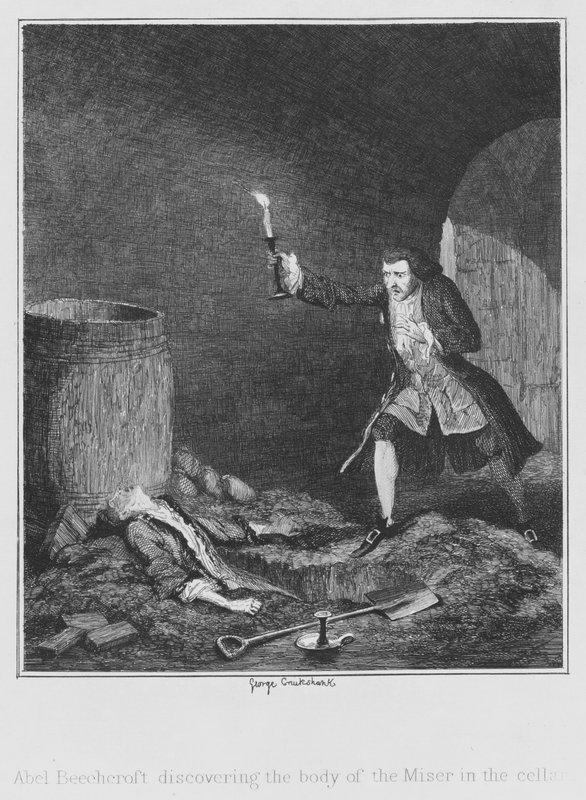 Abel Beechcroft upptäcker snålens kropp i källaren (gravyr) av George (after) Cruikshank
