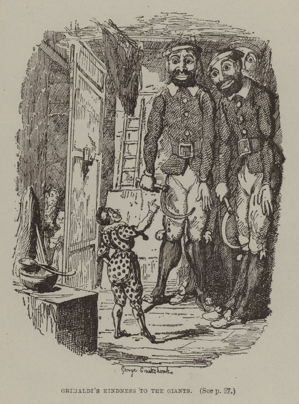 Grimaldis vänlighet mot jättarna (gravyr) av George (after) Cruikshank