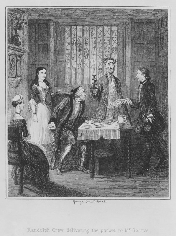 Randulph Crew levererar paketet till Mr Scarve (gravyr) av George (after) Cruikshank