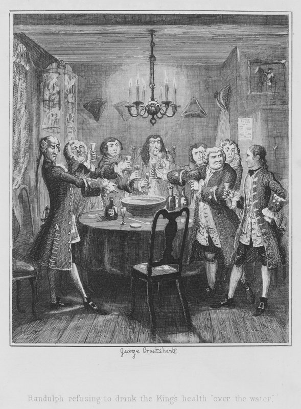 Randulph vägrar att dricka kungens hälsa "över vattnet" (gravyr) av George (after) Cruikshank