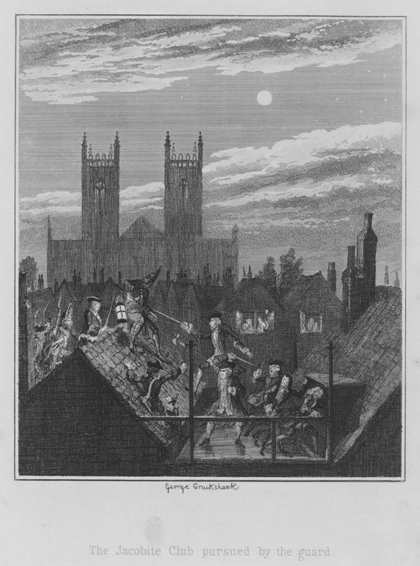 Jacobite Club förföljd av vakten (gravyr) av George (after) Cruikshank