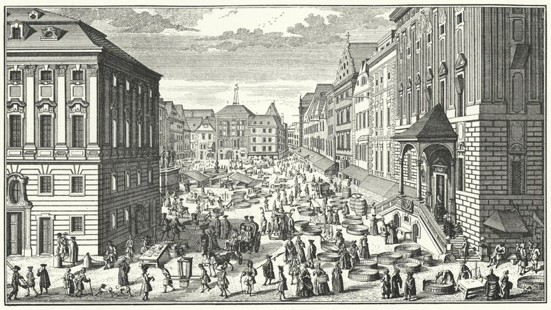 En vy av Wien år 1725 (gravyr) av George (after) Du Maurier