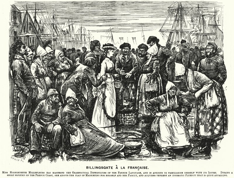 Punch tecknad: Billingsgate a la Francaise (gravyr) av George (after) Du Maurier