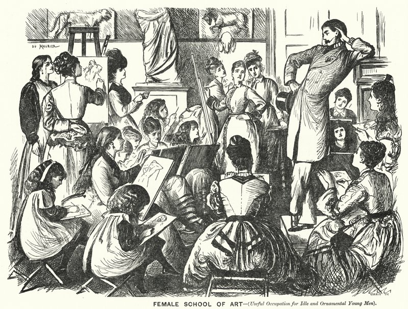 Punch tecknad: Female School of Art (användbar sysselsättning för lediga och prydliga unga män) (gravyr) av George (after) Du Maurier