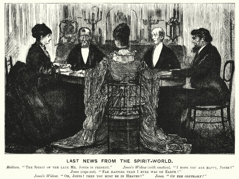 Punch cartoon: Last News from the Spirit World (gravyr) av George (after) Du Maurier