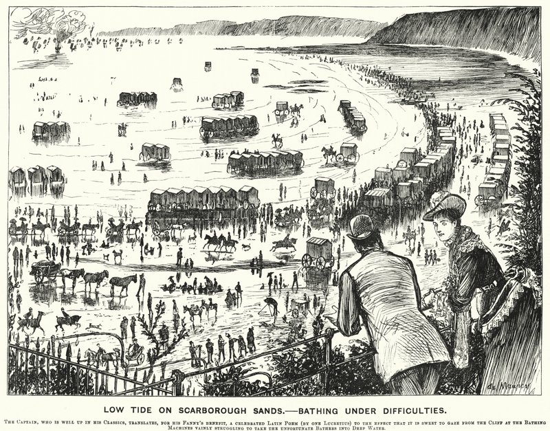 Punch tecknad: Low Tide on Scarborough Sands - Badande under svårigheter (gravyr) av George (after) Du Maurier