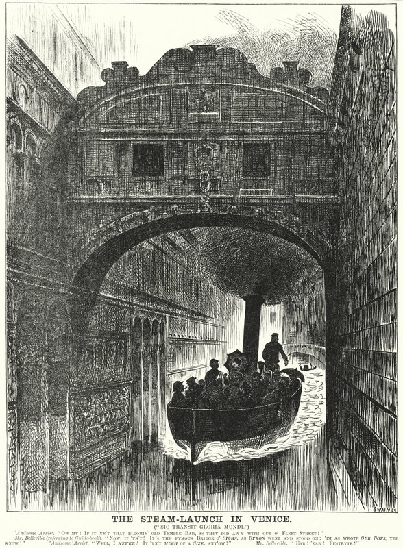 Punch cartoon: The Steam Launch in Venedig (gravyr) av George (after) Du Maurier