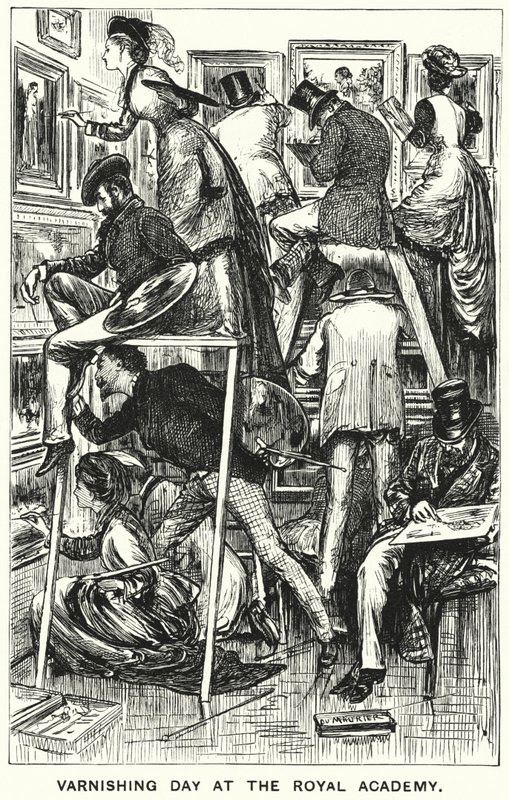 Punch cartoon: Varnishing Day at the Royal Academy (gravyr) av George (after) Du Maurier