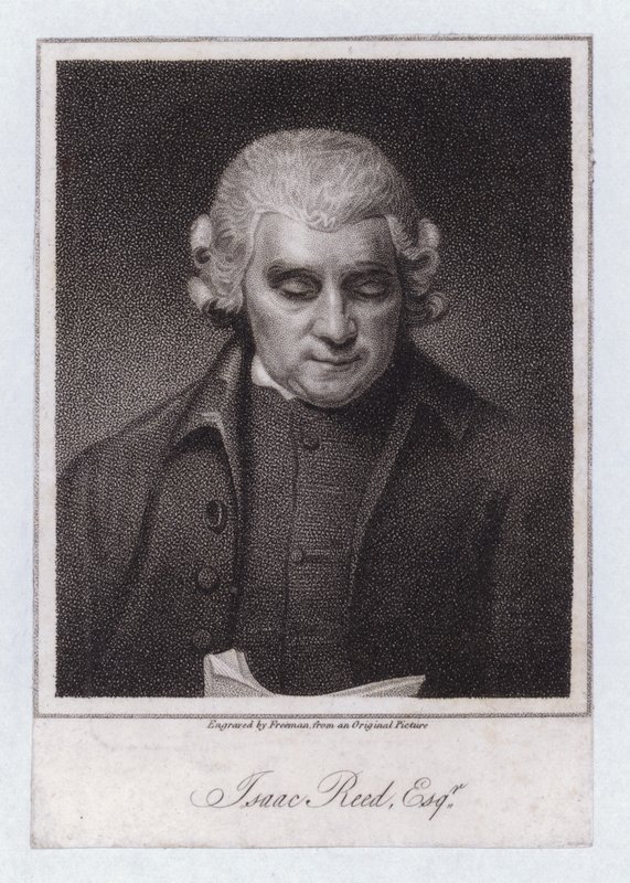Isaac Reed, engelsk litterär redaktör och boksamlare (gravyr) av George (after) Romney