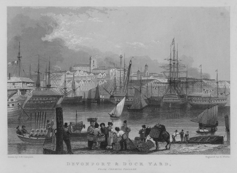 Devonport och Dockyard, från Cremill Passage (gravyr) av George Bryant Campion