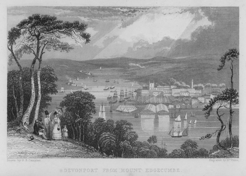 Devonport från Mount Edgecumbe (gravyr) av George Bryant Campion