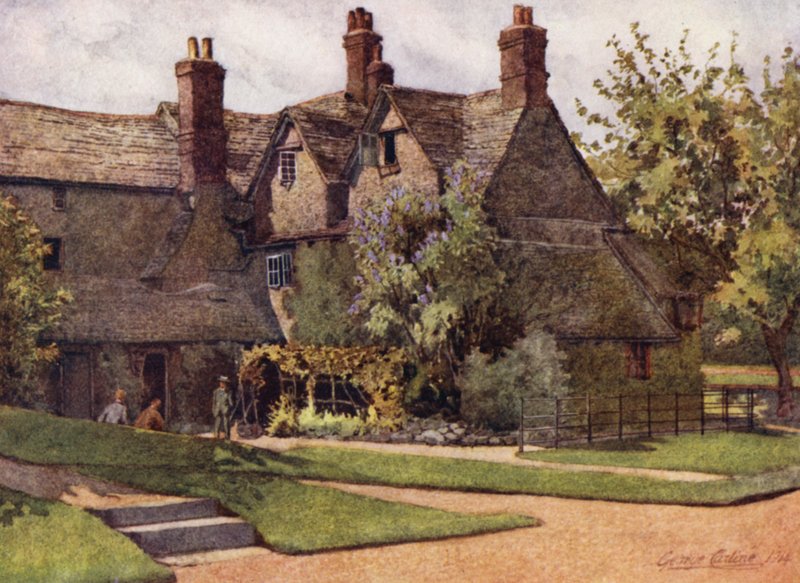 Oxford: The Cottages, Trinity College (färg litho) av George Carline