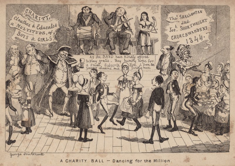 En välgörenhetsbal - dans för miljonen; tecknad serie av George Cruikshank