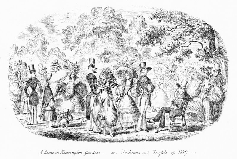 En scen i Kensington Gardens, eller Modes and Frights 1829 (gravyr) av George Cruikshank