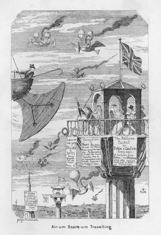 Air-um, Scare-um Traveling - dvs förväntan på flygets framtid 1843 av George Cruikshank