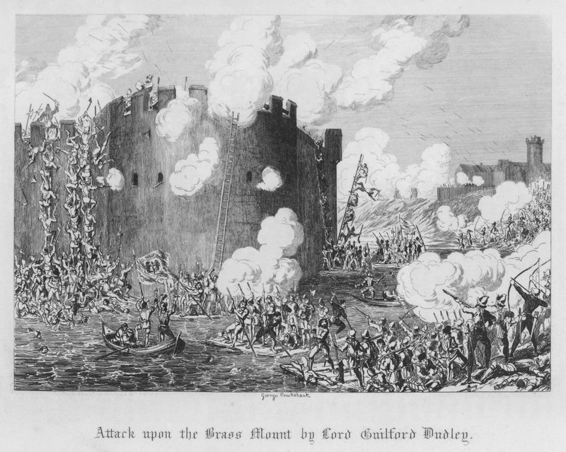 Attack på mässingsberget av Lord Guilford Dudley (gravyr) av George Cruikshank