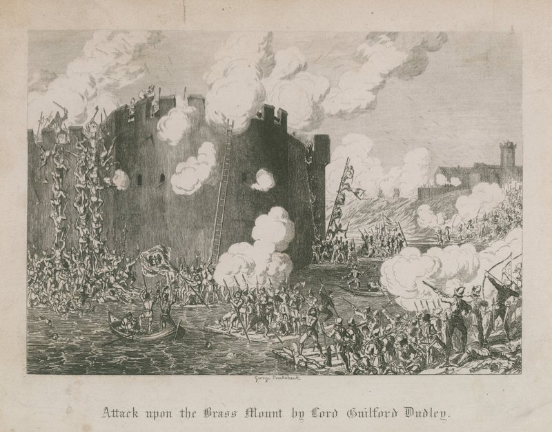 Attack på gräsberget av Lord Guilford Dudley av George Cruikshank