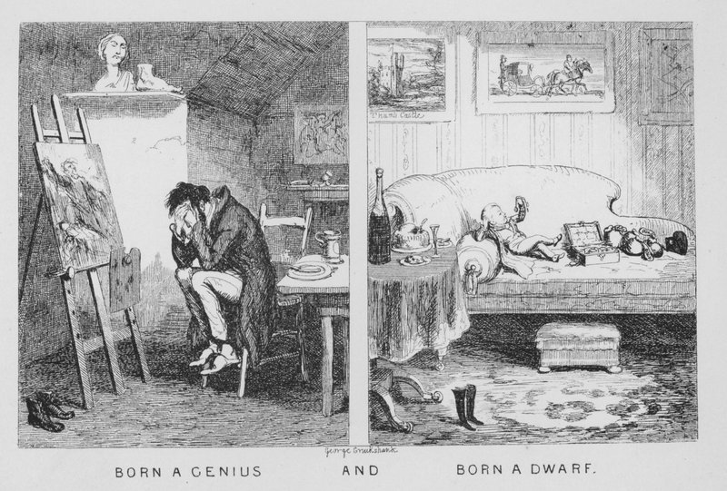 Born a Genius, och Born a Dwarf (gravyr) av George Cruikshank