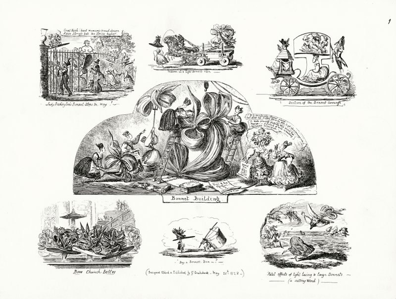 Tecknade serier av George Cruikshank på temat överdimensionerade damhuvar (gravyr) av George Cruikshank