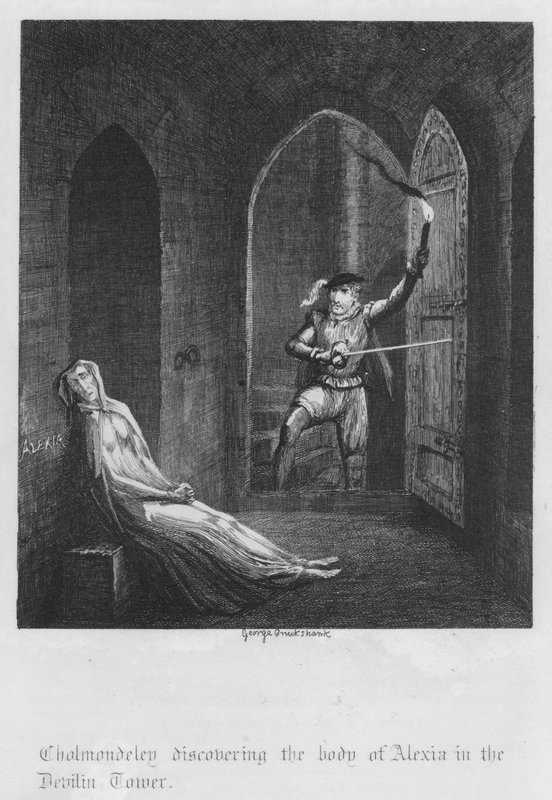 Cholmondeley upptäcker Alexias kropp i Devilin Tower (gravyr) av George Cruikshank