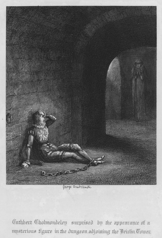 Cuthbert Cholmondeley överraskad av utseendet på en mystisk figur i fängelsehålan som gränsar till Devilin Tower (gravyr) av George Cruikshank