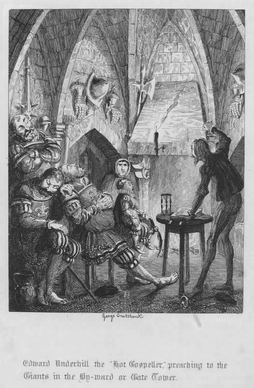 Edward Underhill den "heta gospelläraren", predikar för jättarna i By-warden eller Gate Tower (gravyr) av George Cruikshank