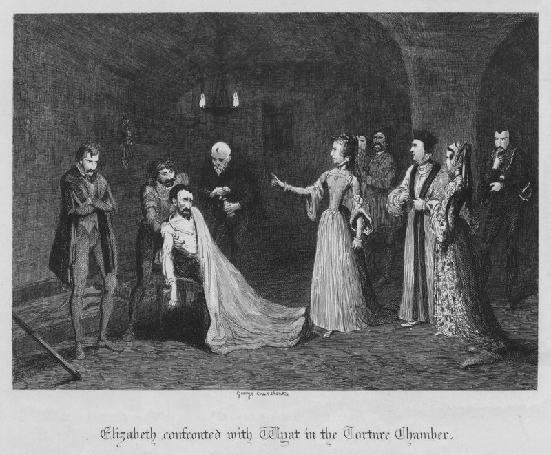 Elizabeth konfronteras med Wyat i tortyrkammaren (gravyr) av George Cruikshank