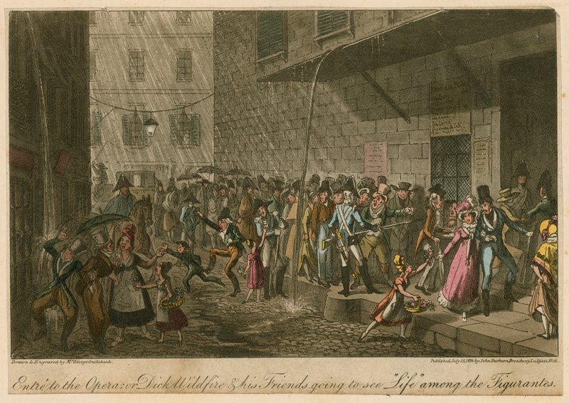 Entre to the Opera; eller: Dick Wildfire och hans vänner på väg till en föreställning om Life among the Figurantes av George Cruikshank