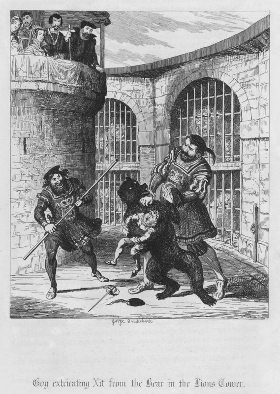 Gog frigör Xit från björnen i Lions Tower (gravyr) av George Cruikshank
