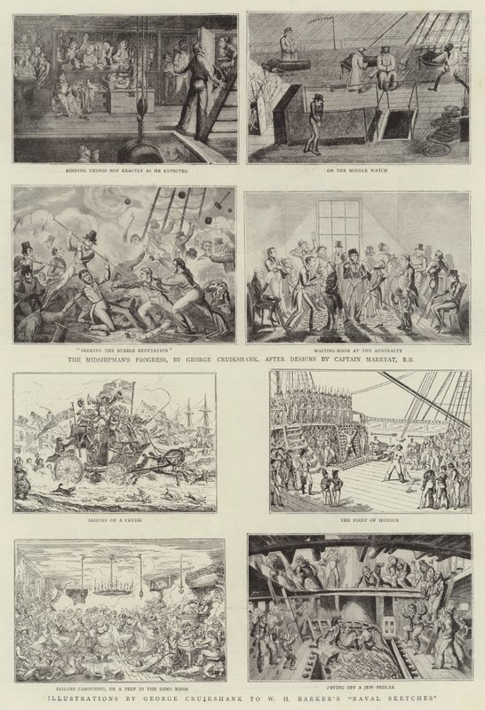 Humoristisk konst på Royal Naval Exhibition av George Cruikshank