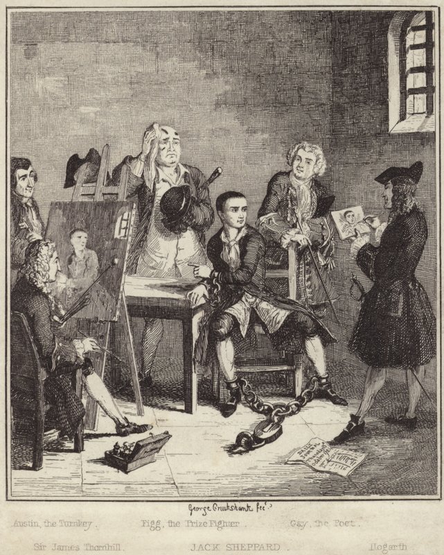 Jack Sheppard får sitt porträtt målat av Sir James Thornhill i fängelse av George Cruikshank
