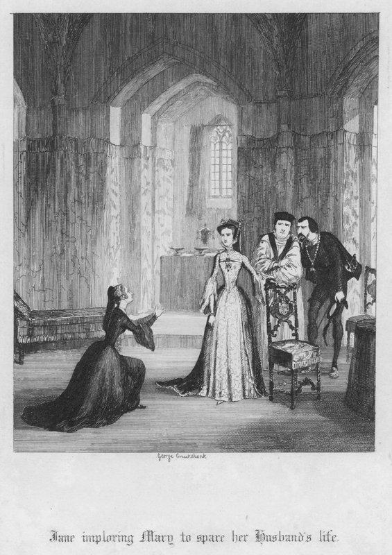 Jane bönfaller Mary att skona sin mans liv (gravyr) av George Cruikshank