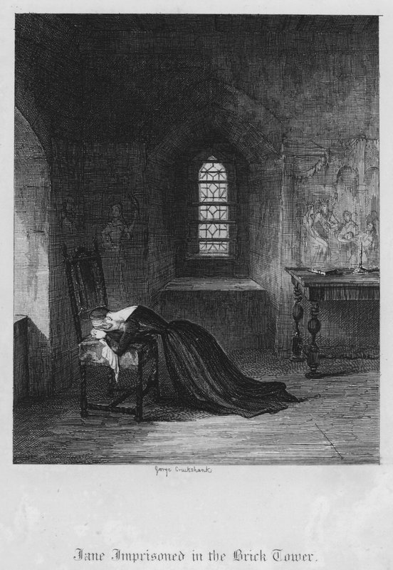 Jane fängslad i tegeltornet (gravyr) av George Cruikshank