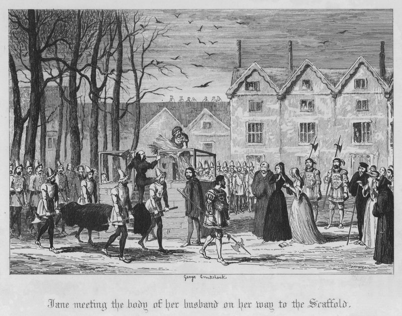Jane möter kroppen av sin man på väg till ställningen (gravyr) av George Cruikshank