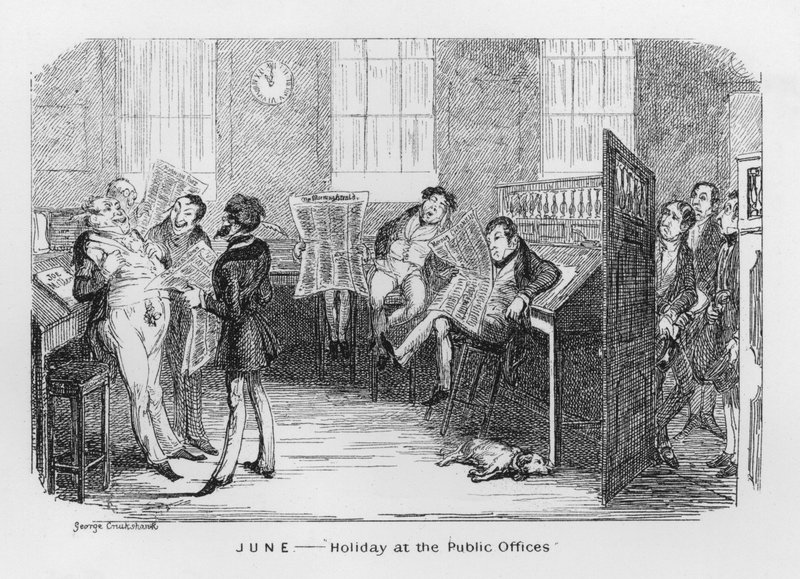 juni, helgdag på det offentliga kontoret (gravyr) av George Cruikshank