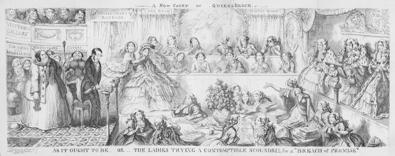 Damer som prövar en föraktlig skurk för ett "löftesbrott". (gravyr) av George Cruikshank