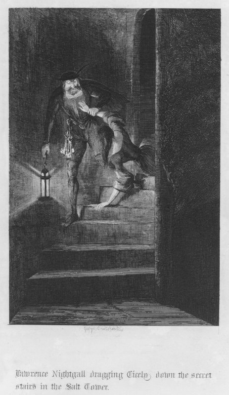 Lawrence Nightgall släpar Cicely ner för den hemliga trappan i Salt Tower (gravyr) av George Cruikshank