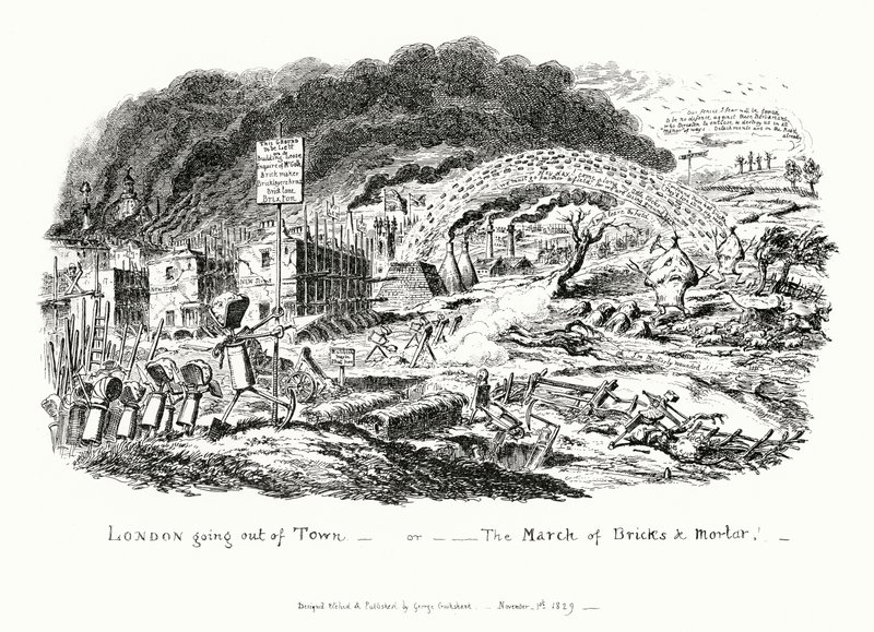 London Going Out of Town, eller March of Bricks and Mortar (gravyr) av George Cruikshank