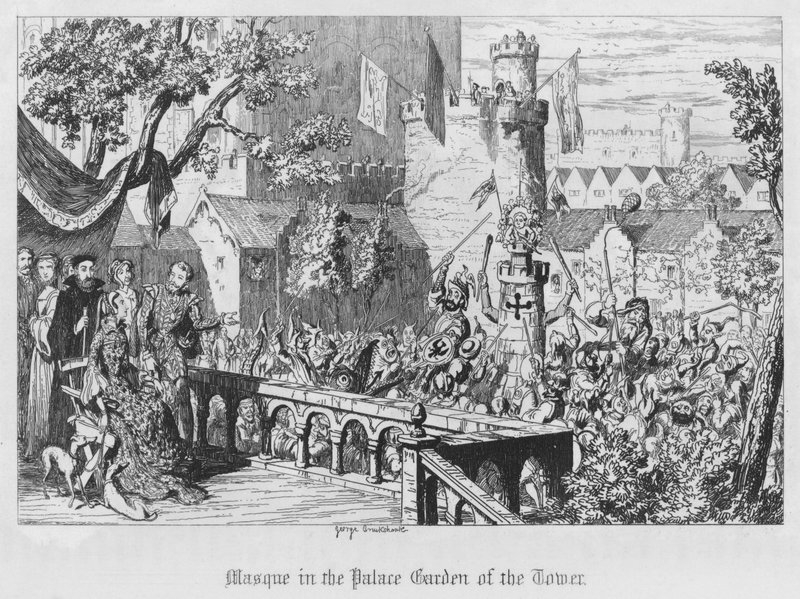 Masque i Palace Garden of the Tower (gravyr) av George Cruikshank